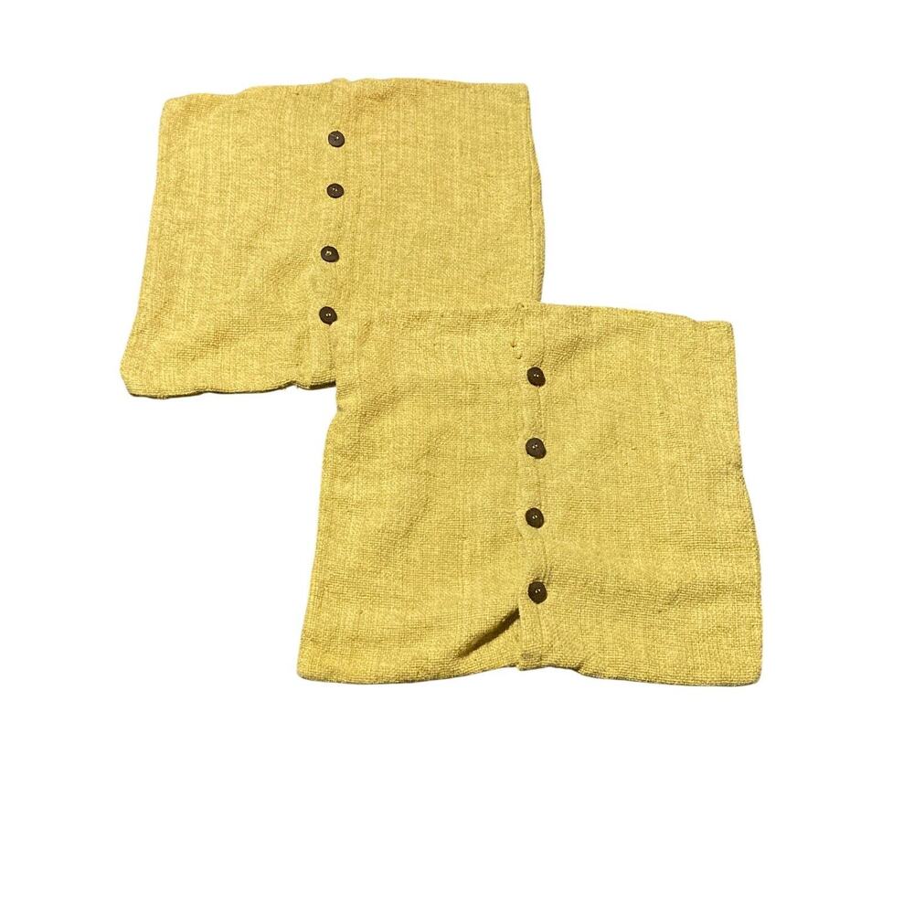 West Elm Yellow Brown Buttons Woven Weave Silk Cotton Pillow Cover Button Back